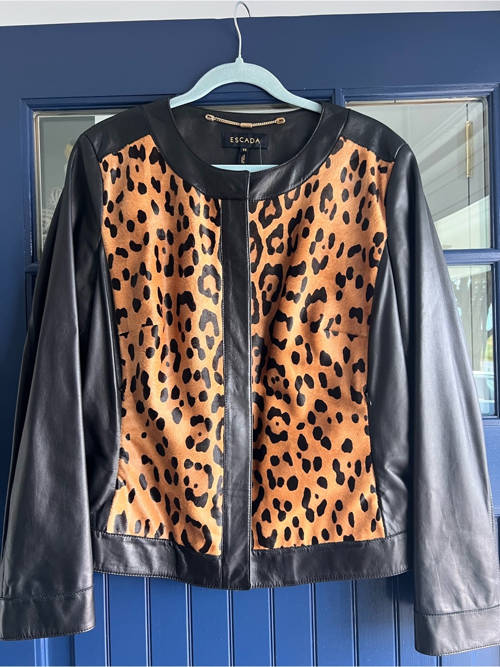 Escada Black Leather Jacket with Tan Leopard-Print Front Panels